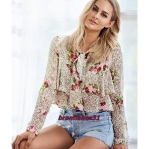 Zara Ruffled Star Floral Tie-Neck L/S Blouse M